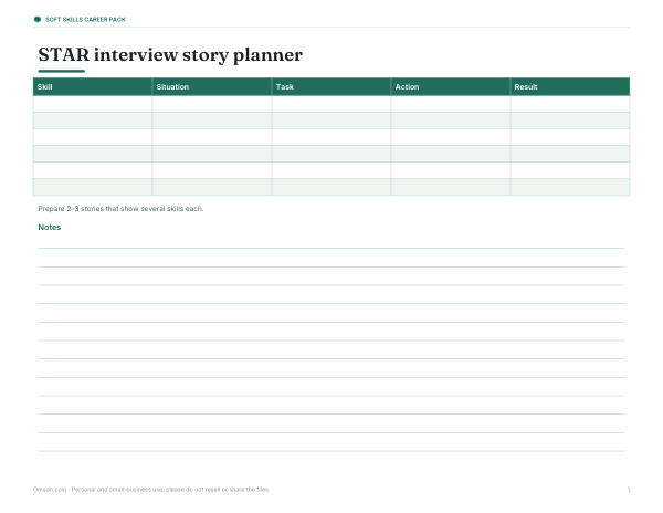 Preview of Printable STAR Interview Story Planner